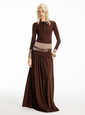 USS 解构抽绳套装女秋季撞色打底衫复古高腰褶皱半身裙简约两件套