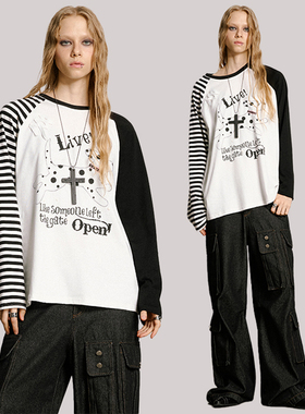 USS 秋季新款美式复古长袖拼接T恤女圆领宽松耐磨设计感小众上衣