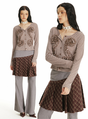 USS 条纹针织开衫女木耳花边装饰复古咖白条纹时髦辣妹修身上衣秋