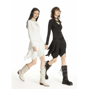 USS秋季甜酷假两件上衣设计感套装不规则裙摆铆钉装饰两件套女