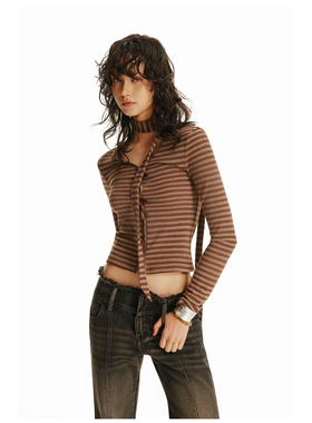 USS 咖色条纹针织开衫女修身飘带可拆卸复古单穿外搭长袖短上衣