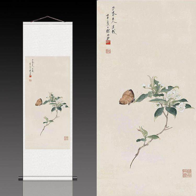 新疆包邮梨花蝴蝶丝绸画卷轴画客厅挂画新中式玄关装饰画国画花鸟,家居饰品,国画,淘宝优惠券,粉丝福利购,淘宝优惠卷