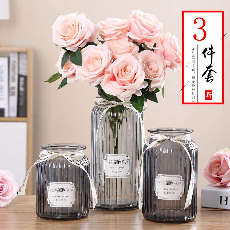新疆包邮玻璃花瓶透明简约创意水培植物高款圆柱花瓶套装客厅装饰