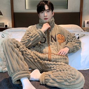 珊瑚绒睡衣男秋冬季加绒薄款休闲男士开衫大码青年冬天家居服套装