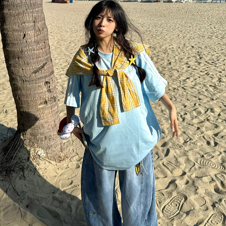 美式条纹字母刺绣短袖