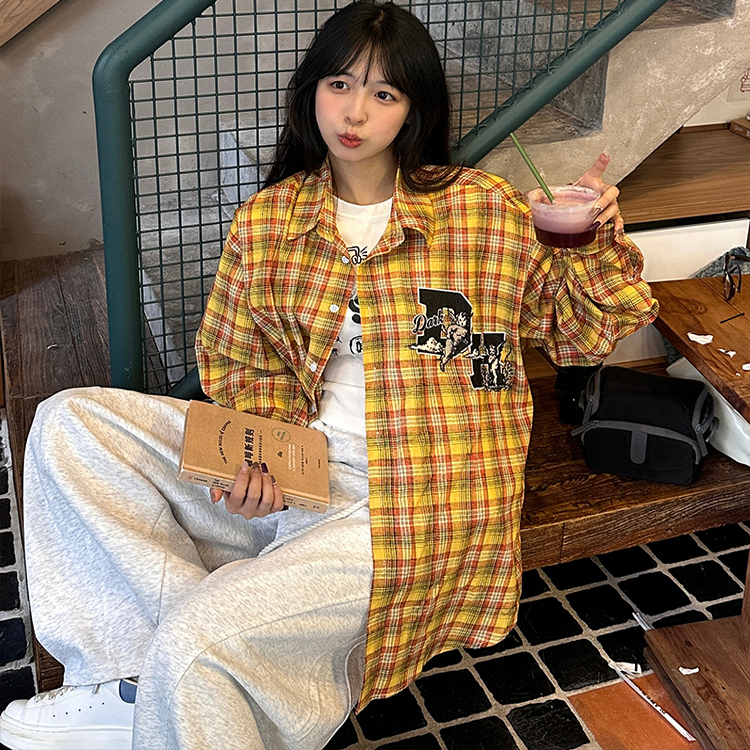 原创美式多巴胺黄色格子衬衫