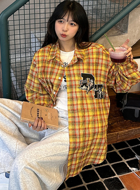 XKSHUO原创美式多巴胺黄色格子衬衫宽松百搭开衫长袖上衣翻领外套