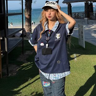 XKSHUO美式复古刺绣学院风假两件POLO领短袖t恤女夏季宽松上衣