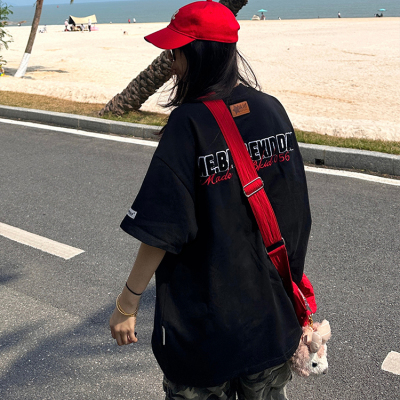 美式字母魔术贴刺绣短袖