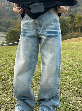 XKSHUO美式百搭复古宽松牛仔裤女街头直筒小众设计感裤子潮