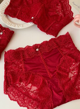本命年红色内裤女大码纯欲风性感蕾丝缎面底裤头马年结婚法式轻奢