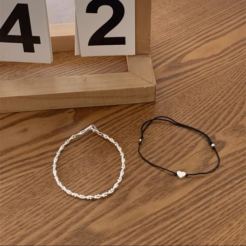 925银爱心黑绳双层缠绕细手链