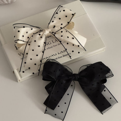 网纱波点缎面双层丝带蝴蝶结发夹