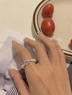 现Sunup_Q韩国ins 925银幻彩爱心月光石天然淡水珍珠弹力戒指指环