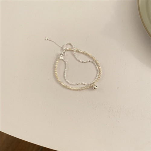 925银小球吊坠天然珍珠双层手链