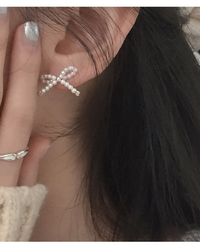 925银甜美可爱小珠子蝴蝶结耳钉