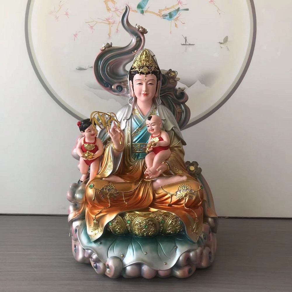 彩绘树脂送子娘娘像送子观音菩萨求龙凤居家供奉神像摆件