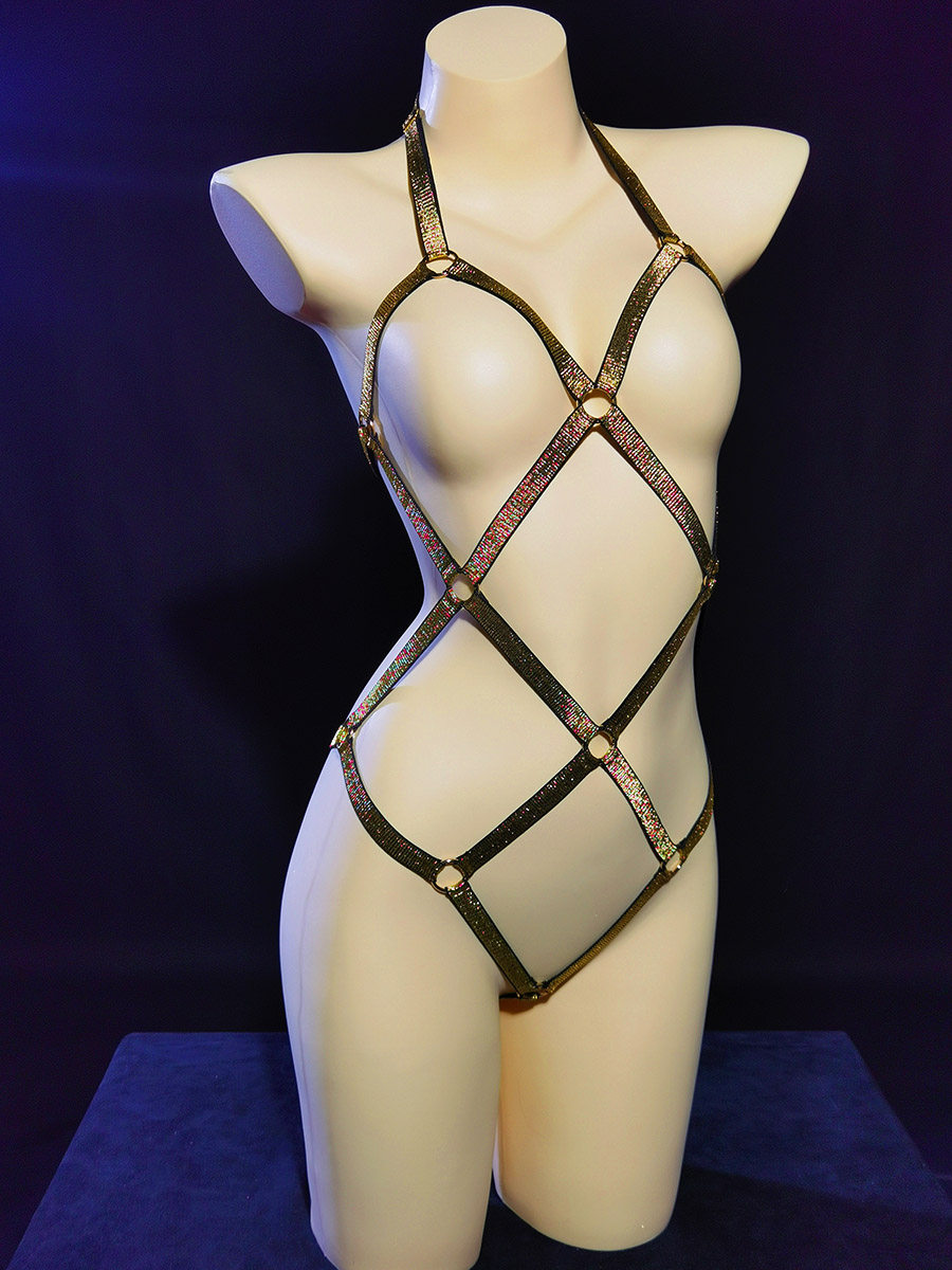 方格线条交叉镂空连体绳线束捆绑紧身弹力露背露胸内衣塑身衣