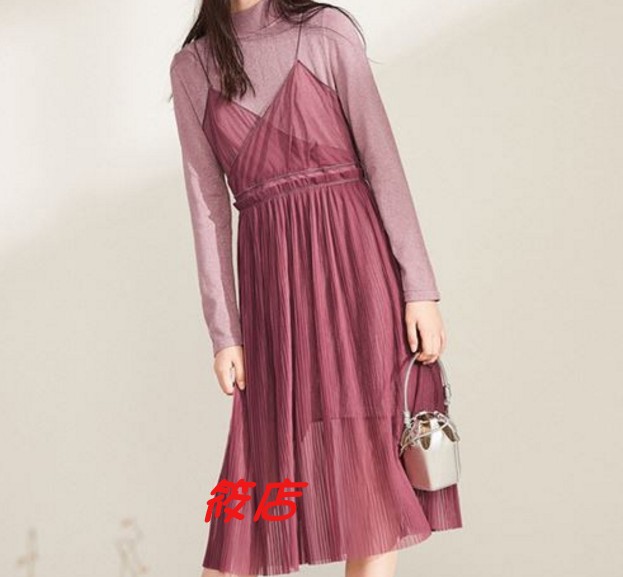 2019年冬季女装A1FA84522吊带纱裙两件套连衣裙橡皮红A1FA8452218