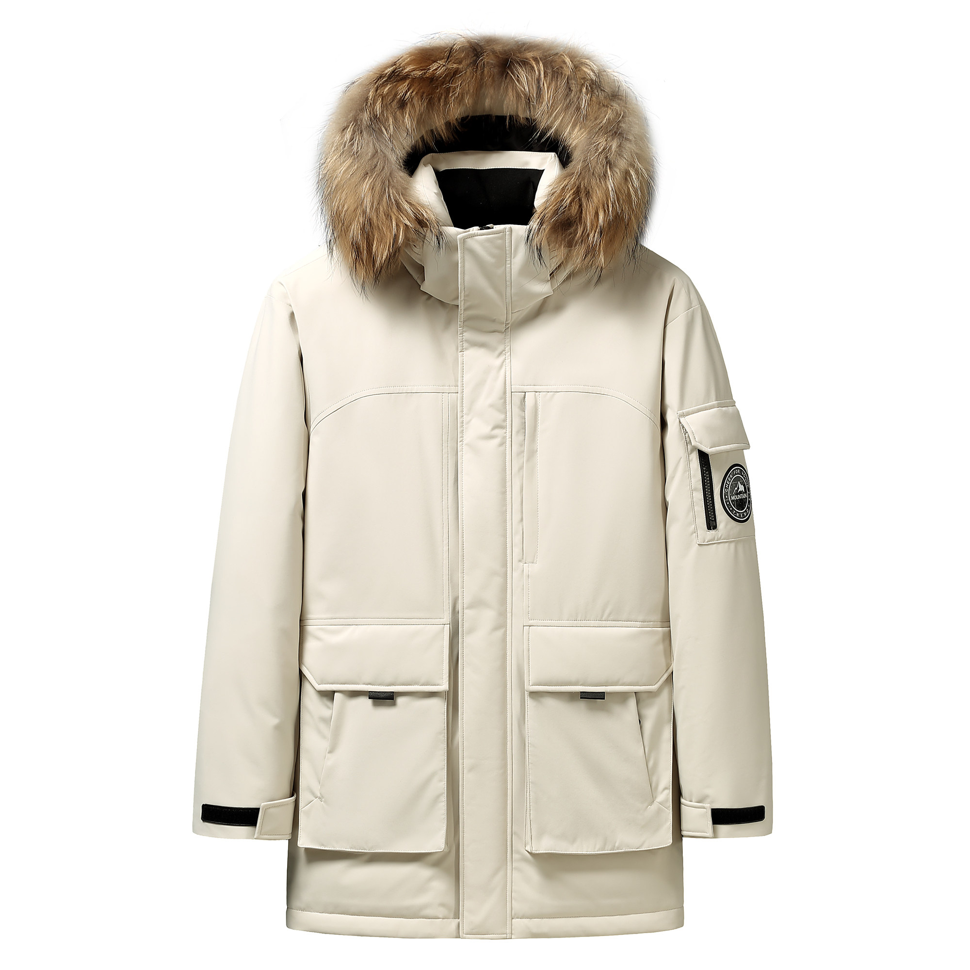 新标羽绒服男士冬季2025新款派克服工装时尚毛领鸭绒中长款外套，男装羽绒服，奇怪漫猴工厂店