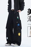 Q美式军绿色刺绣工装裤男女同款褶皱多口袋宽松休闲直筒情侣伞兵，男装休闲裤，奇怪漫猴工厂店