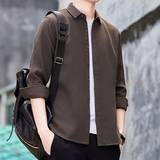 秋季新款小华夫格长袖衬衫男青年商务休闲衬衣男免烫抗皱修身衬衫，男装衬衫，奇怪漫猴工厂店