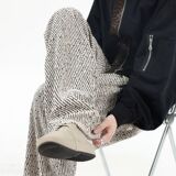 Q斜纹针织裤慵懒休闲裤子男款格纹新款美式重磅直筒宽松阔腿裤，男装休闲裤，奇怪漫猴工厂店