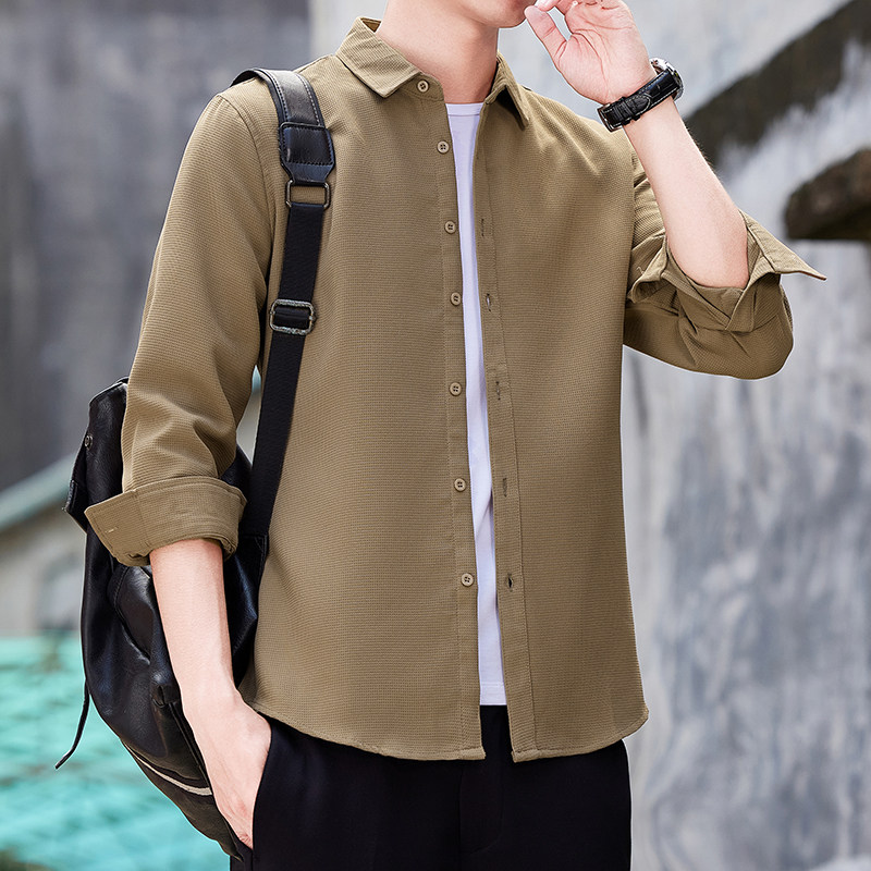 秋季新款小华夫格长袖衬衫男青年商务休闲衬衣男免烫抗皱修身衬衫，男装衬衫，奇怪漫猴工厂店