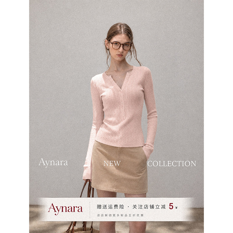 Aynara粉色麻花v领针织打底衫女秋冬修身内搭亨利领毛衣长袖上衣