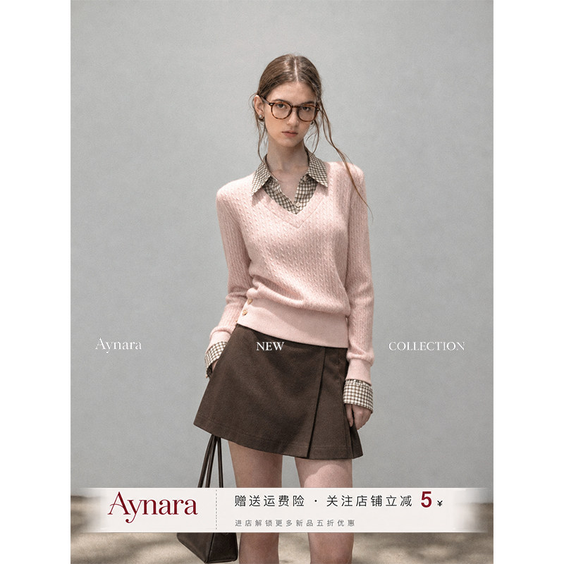 Aynara假两件格子Polo领针织衫