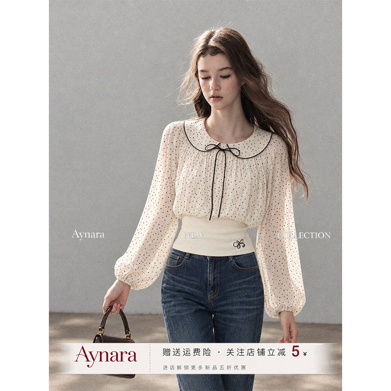 Aynara波点娃娃领雪纺长袖T恤