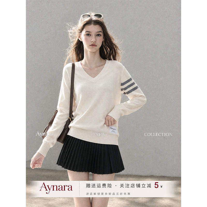 Aynara白色V领薄款针织衫女