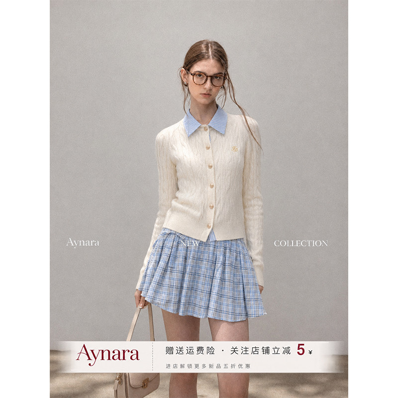 Aynara白色假两件polo领开衫