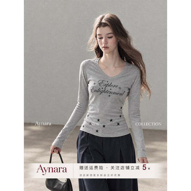 Aynara灰色V领星星长袖T恤女