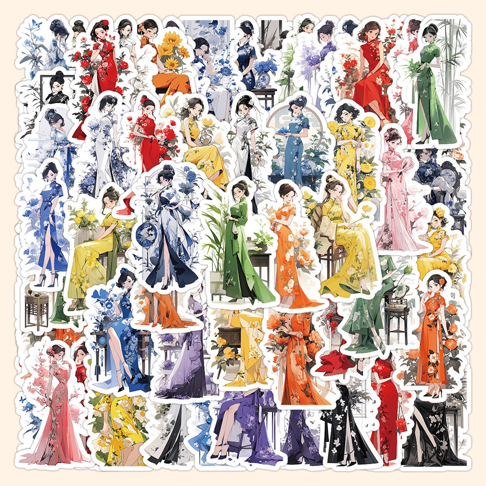 60张旗袍美人贴纸手账国潮风装饰行李箱手机壳笔记本素材贴画
