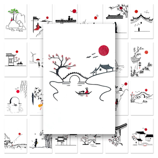 山水简笔画贴纸创意古风写意水墨画手账素材DIY装饰平板手机贴画