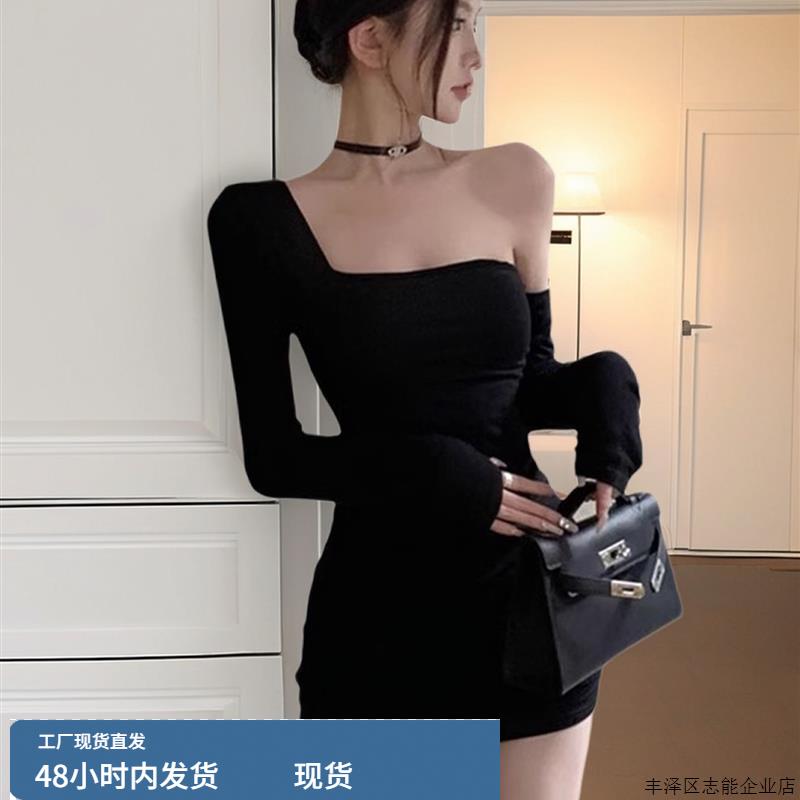 性感黑色修身包臀短裙绝美平时可穿小礼服秋季不规则露单肩连衣裙