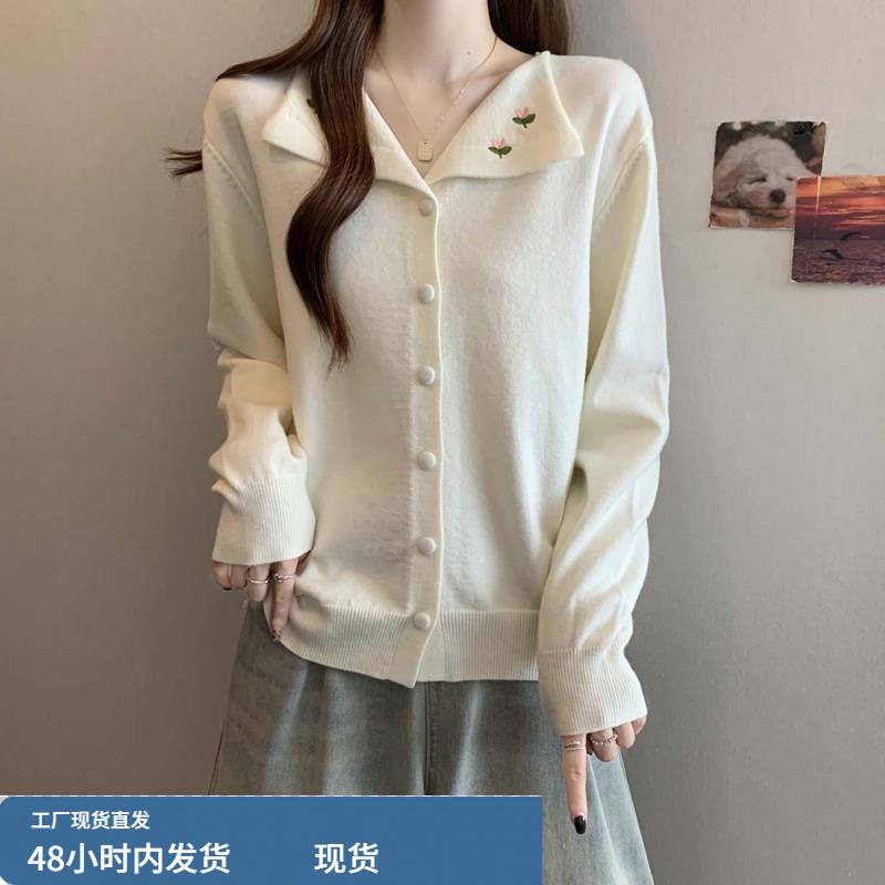 大码女装2025新款早秋chic别致上衣韩系高级感绣花半开领针织毛衫