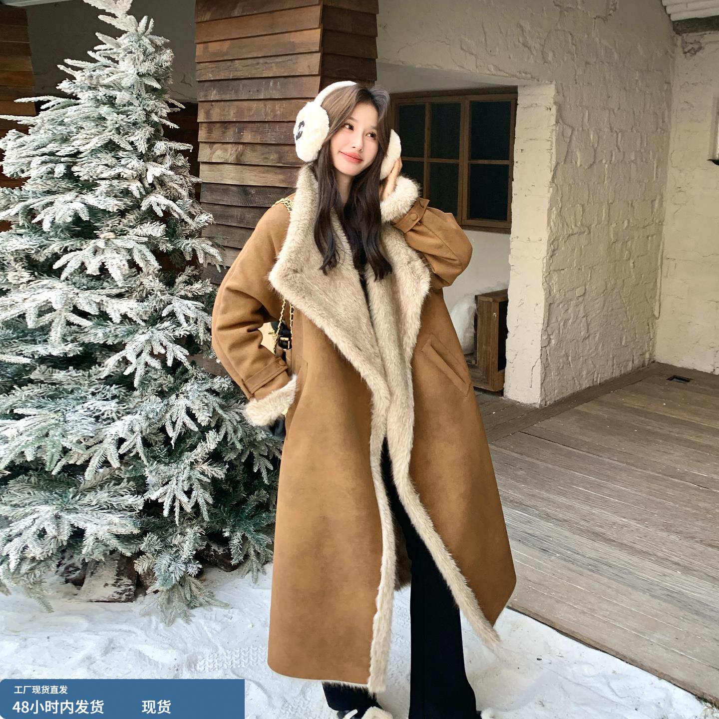 咖色美拉德复古皮毛一体大衣女冬季2025新款加绒加厚保暖长款外套