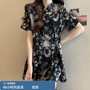 女夏季 衬衫 大码 胖mm气质黑色短裤 新中式 两件套装 国风盘扣碎花短袖