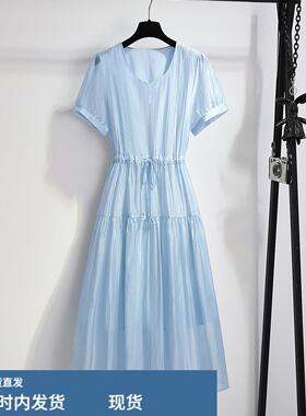 蓝色夏日绝美洋装女2026新款特别漂亮掐腰小裙子气质修身a字裙