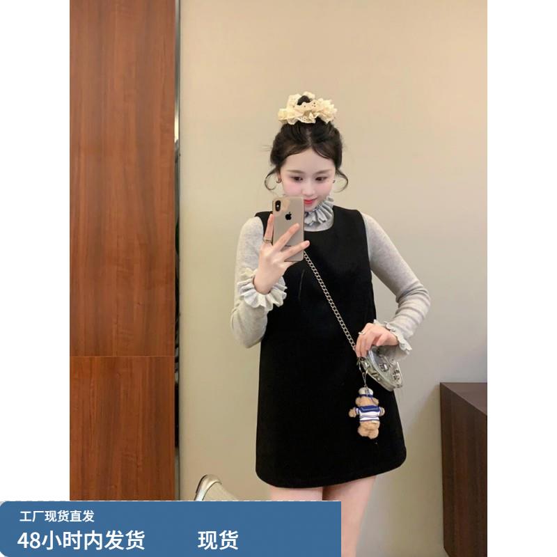 法式小香风黑色毛呢吊带裙子女气质半高领花边针织打底衫冬季
