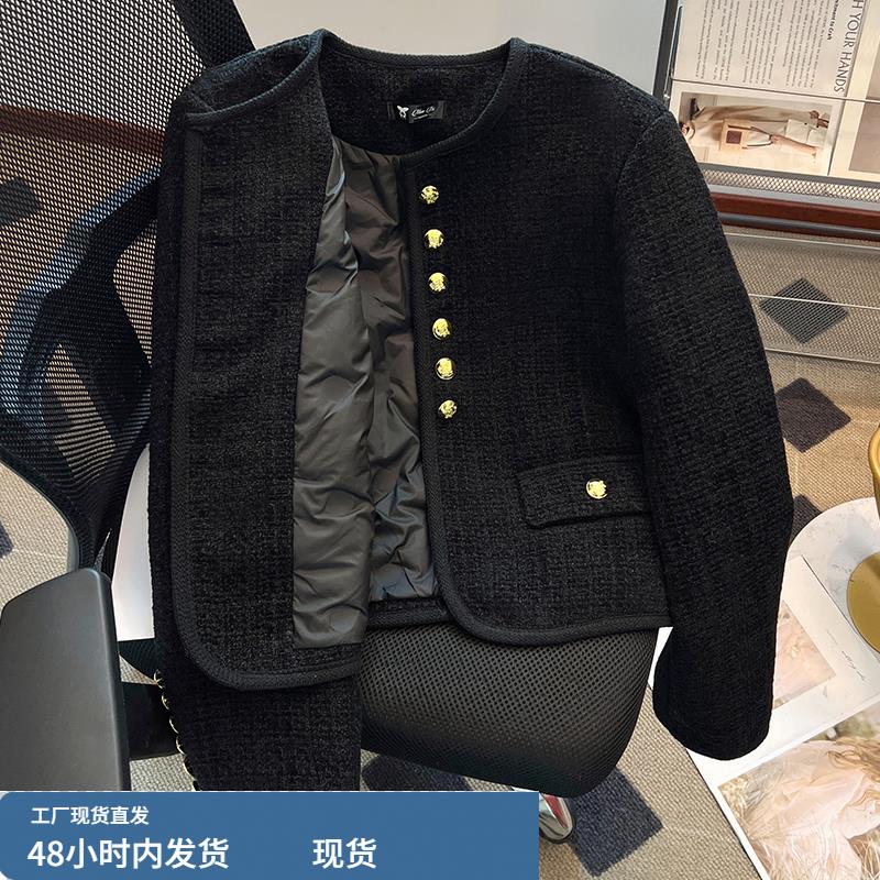 富家千金黑色羽绒服小香风外套女秋冬2025新款小个子短款加厚棉服