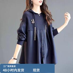 中长款套头时尚针织拼接连帽卫衣女2025春秋新款休闲宽松上衣