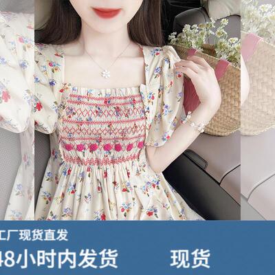 法式茶系穿搭少女风碎花连衣裙女夏季洋气减龄方领收腰小众长裙子