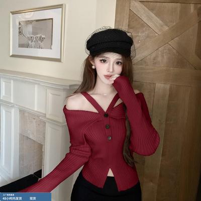 红色圣诞穿搭一字肩针织打底衫女秋冬高级感内搭辣妹修身毛衣上衣
