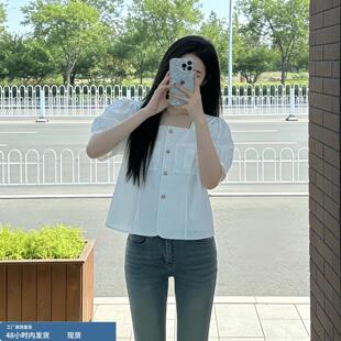 小衫 韩系高级感明线双口袋衬衫 港味chic减龄泡泡袖 新款 女 2026夏季
