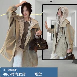 洲站2025秋冬新款chic港风宽松显瘦蕾咝连帽工装风衣外套女