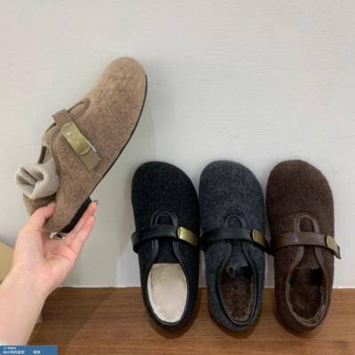 加厚底毛呢毛毛鞋女外穿秋冬季加绒棉鞋平软底保暖玛丽珍豆豆鞋子