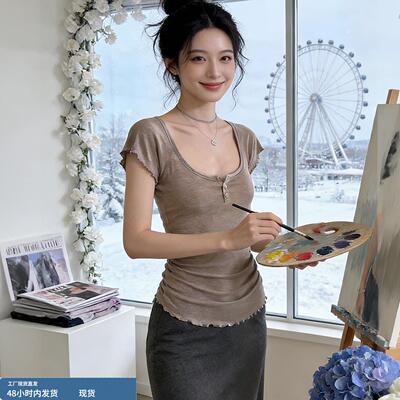 夏女独特绝美掐腰美式酷辣高端小资小上衣轻薄小飞袖大U领修身T恤